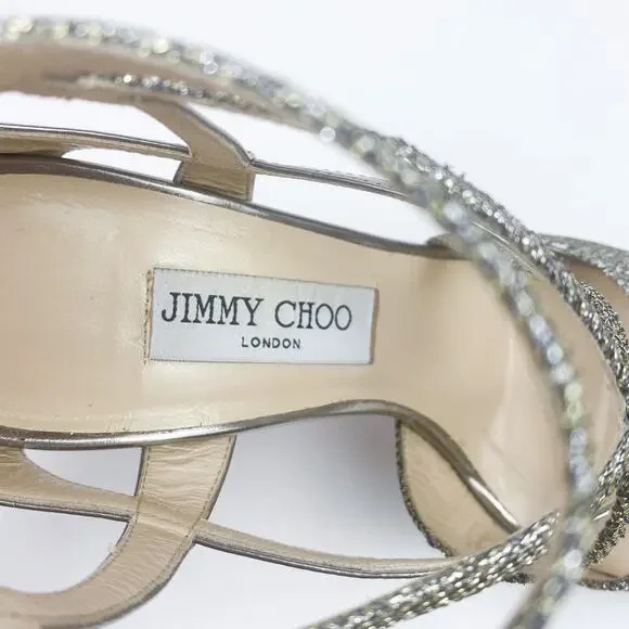 Jimmy Choo Metallic Sparkle & Leather Vermeil Caged Strappy Heel Sandals - Picture 8 of 10